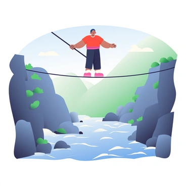 A tightrope walker daringly crossing a rope high above a rushing river gorge