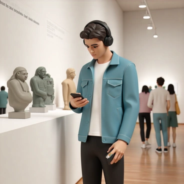 A person, wearing a blue denim jacket over a white t-shirt and black jeans, is standing in front of a large exhibit at a museum. The exhibit features a collection of ancient artifacts displayed under soft lighting. The person is wearing black headphones and has a focused expression, looking intently at a bronze sculpture. In their left hand, they hold a small audio guide device, which they are occasionally glancing down at while engaging with the exhibit. The background includes other museum visitors wandering and examining various displays.