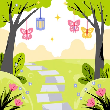 Butterfly-shaped lanterns hanging from tree branches in a garden. The lanterns are brightly colored with blue, pink, and yellow designs, illuminating the space with a warm glow. Green leaves and delicate flowers surround the lanterns, creating a peaceful atmosphere. The sky is transitioning from light to dark as dusk approaches, with a few stars beginning to appear. A stone pathway weaves through the garden, adding to the serene setting.