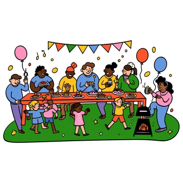 A lively neighborhood block party takes place on a sunny day, featuring families of various backgrounds. There is a long table filled with colorful dishes and desserts, with children happily reaching for snacks. A group of adults engages in animated conversations while enjoying plates of food. Some children are playing games in the yard, while others dance to lively music coming from a portable speaker. Brightly colored balloons and banners adorn the area, and a small grill sizzles in the background. Laughter and cheerful chatter fill the air, creating a sense of community and celebration.
