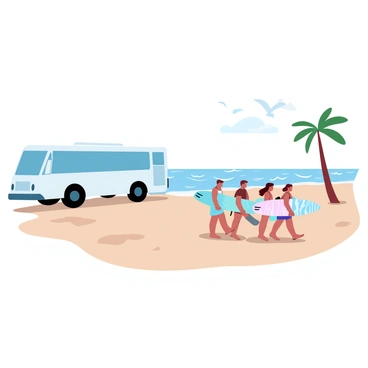 A white bus is parked on a sandy beach, with the sun above casting soft shadows. A group of people is seen walking towards the water, each carrying colorful surfboards under their arms. The surfboards have vibrant patterns and hues, contrasting with the soft beige of the sand. In the background, gentle waves are lapping at the shore, and a few seagulls are flying overhead. Palm trees can be seen swaying in the breeze along the beach.