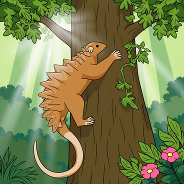 A pangolin with shiny, overlapping scales is climbing up a thick tree trunk in a dense rainforest. The tree is surrounded by lush green leaves and vines, creating a rich canopy overhead. Wisps of mist weave through the air, partially obscuring the vibrant foliage. Sunlight filters through the leaves, casting dappled light on the pangolin. The creature's long, curled tail helps it navigate the branches as it reaches for a cluster of leaves nearby. The background features layers of varied green shades, with hints of colorful flowers peeking through the foliage.