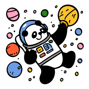 A panda astronaut with black and white fur wearing a space suit is floating in space. The space suit is detailed, featuring a glossy helmet and various control panels on the chest. Surrounding the panda are numerous colorful stars and a variety of planets in the background, each with distinct colors and surface textures. The panda appears to be reaching out toward a nearby planet with curiosity, with a look of fascination on its face.