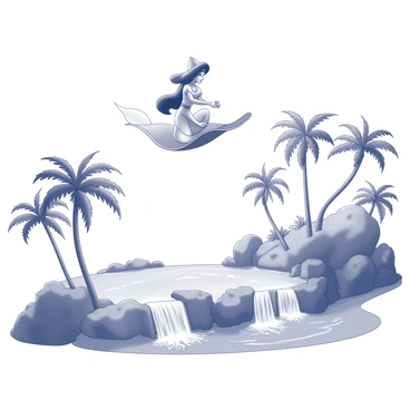 Aladdin and Jasmine are depicted flying on a magical carpet. Aladdin is wearing a traditional outfit, while Jasmine is dressed in her iconic attire. Below them, an expansive oasis is visible, featuring a variety of palm trees with fronds arching gracefully. Waterfalls cascade down rocky cliffs, with water splashing into a serene pool. The scene captures the vibrant lushness of the oasis, with greenery surrounding the flowing water and trees swaying gently in the breeze.
