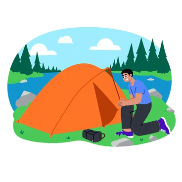 Ayanokoji, a young man with short black hair, is kneeling on the ground, carefully setting up a camping tent. The tent is a bright orange color and has a classic dome shape. In the background, there is a picturesque lake with clear blue water reflecting the surrounding tall green trees and a bright blue sky. Scattered along the campsite are small rocks and patches of grass. Ayanokoji has a focused expression on his face as he works, and a backpack rests nearby. The scene conveys a sense of adventure and tranquility in nature.