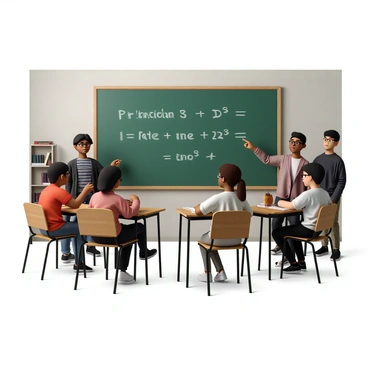 A large green chalkboard stands against a classroom wall, displaying the formula for calculating interest rates in white chalk. The formula includes symbols for principal, rate, and time, clearly visible and neatly written. Surrounding the chalkboard are several students, a diverse group of young individuals with varying skin tones and hairstyles. They are dressed in casual clothing, engaged in discussion while looking at the board. Some students are taking notes on their notebooks, while others are pointing at the formula and asking questions. The classroom setting has wooden desks and a shelf filled with books in the background.