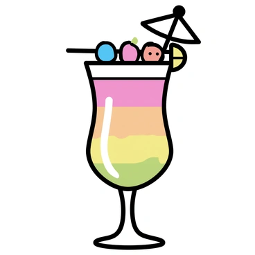 A vibrant cocktail in a tall glass filled with layered colors of red, orange, and green. The drink is topped with a skewer that holds a mix of fresh berries, including blueberries, raspberries, and strawberries. The glass has a shiny surface, reflecting light, and is adorned with a small paper umbrella. A thin slice of lemon is placed on the rim of the glass.