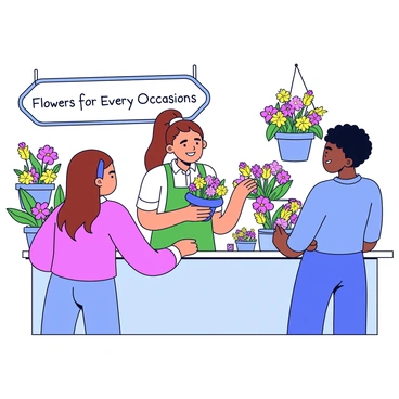 A florist assistant standing behind a flower shop counter. The assistant is a young woman with long brown hair tied back in a ponytail, wearing a green apron. She is smiling as she holds a bouquet of colorful flowers. In front of her, a customer is looking at various flower arrangements displayed on the counter. The shop is filled with vibrant flowers in different pots, and a wall is decorated with hanging plants. A sign above the counter reads "Flowers for Every Occasion."