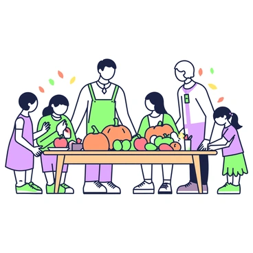 A family is gathered around a large wooden table filled with a bountiful harvest. The table is covered with various types of fruits and vegetables, including bright orange pumpkins, shiny red apples, and leafy greens. The family members, consisting of four adults and two children, are holding hands and bowing their heads in a moment of thanks. Each person is dressed in casual clothing. In the background, there are decorations, such as autumn leaves and small candles placed carefully on the table. The overall atmosphere suggests a warm and intimate gathering.