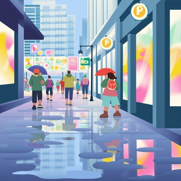 A busy sidewalk is illuminated by reflections of city lights in rain puddles scattered across its surface. The ground is wet, showing clear, vibrant reflections of colorful neon signs and street lamps. People with umbrellas are walking along the sidewalk, creating ripples in the puddles as they pass by. The buildings in the background are tall, with large windows that also reflect the colorful lights. Street signs and traffic lights are visible, contributing to the urban atmosphere of the scene.