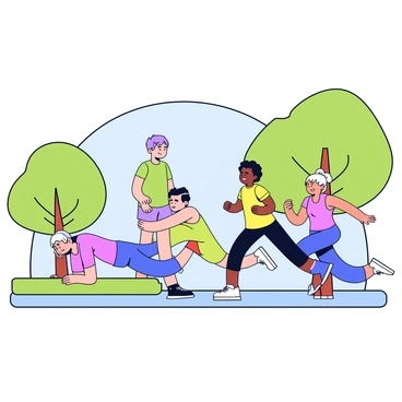 A group of four friends is exercising together in a park. One person is doing push-ups on a grassy area, while another is jogging along a path. A third friend is doing stretches beside a tree, and the fourth is doing jumping jacks on the pavement. They are all wearing colorful workout clothes. Bright green trees and a clear blue sky surround them.