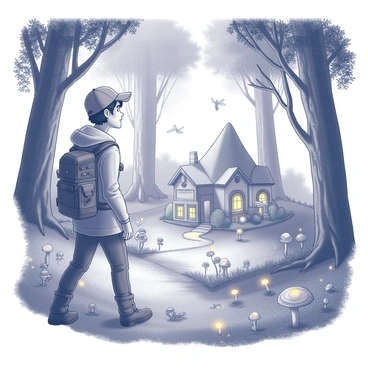 An explorer with a curious expression is venturing into a dense forest. The explorer is dressed in rugged outdoor gear, featuring a utility vest filled with various tools and a large backpack. In the foreground, a hidden village emerges, nestled beneath ancient, towering trees. The village consists of small, intricately designed houses made of natural materials, blending seamlessly with the surroundings. Delicate fairies with translucent wings flit about, while other magical creatures, such as small gnomes and glowing orbs of light, populate the scene. The atmosphere is filled with whimsical elements, including toadstools and twinkling lights. The explorer gazes in awe at the enchanting sight before them.