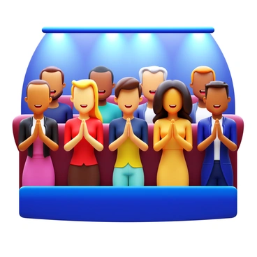 A diverse audience clapping enthusiastically at an award show. The audience is a mix of different ethnicities, with men and women of various ages. They are dressed in formal attire, showcasing a range of vibrant colors and styles. Some members are standing in applause, while others are caught in mid-clap, with smiles on their faces. The setting includes bright stage lights shining down on them, highlighting their excitement and celebration.