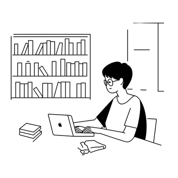 A student sitting at a wooden table in a quiet library, focused on a laptop in front of them. The student has short hair and is wearing glasses, dressed in a casual t-shirt and jeans. Their fingers are poised over the keyboard as they sign up for a book club. Surrounding the student are tall shelves filled with books, with a few open books lying on the table. A soft light filters in from a nearby window, illuminating the scene.