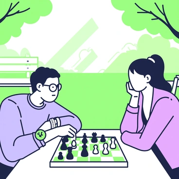 Two chess players are seated at a park table, deeply focused on a game of chess. The first player, a man with glasses, is leaning slightly forward, his brow furrowed in concentration. He is wearing a light blue shirt and has a green watch on his wrist. In front of him, the chessboard is set up with pieces in mid-game. The second player, a woman with long hair tied back, is resting her chin on her hand, contemplating her next move. She is dressed in a purple cardigan and has a silver bracelet on her wrist. Surrounding them are lush green trees and a few benches, creating a peaceful ambiance. Sunlight filters through the leaves, casting patterns on the table where the chessboard sits.