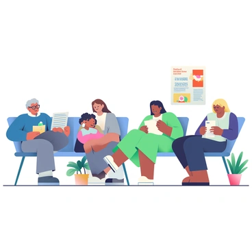 A diverse group of patients is sitting in a medical office waiting area. In the center, a young girl with curly black hair is playing with a tablet. To her left, an elderly man with gray hair, wearing glasses and a blue sweater, is reading a newspaper. Next to him, a woman with medium skin and long brown hair, dressed in a white blouse, is talking on her phone. A young woman with short blonde hair, wearing a green dress, is sitting with her knees drawn up, looking at a magazine. There are potted plants in the corners of the room, and a poster about health tips is hanging on the wall. The seating consists of modern chairs in various shades of blue and gray.