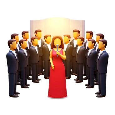 A choir composed of multiple singers stands together in a semi-circle. Each member is dressed in formal attire, with some wearing dark suits and others in elegant dresses. In the center, a soloist steps forward, wearing a bright red dress, capturing the audience's attention. The soloist holds a microphone and has a look of deep emotion on her face as she prepares to sing. The choir members are harmonizing together, with some looking towards the soloist while others gaze ahead. Bright stage lights illuminate the scene, creating a warm atmosphere. The background features a simple stage setup with soft drapes.