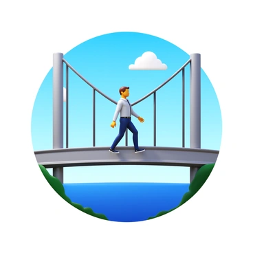 A person wearing a stylish outfit is walking confidently across a large suspension bridge. The bridge features tall towers and cables stretching high above. The background includes a clear blue sky with a few fluffy clouds. The person's posture conveys confidence, with their arms relaxed at their sides. The bridge's surface has a textured look, and the surrounding landscape is visible below.