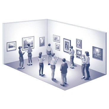 An art gallery interior with numerous illustrations hung on the white walls. The artwork varies in styles and subjects, creating a dynamic atmosphere throughout the space. Several visitors are present, standing in small groups or individually, with some pointing towards specific pieces while others are quietly observing. The floor is polished, and subtle lighting highlights the illustrations, adding depth to the viewing experience.