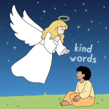 An angel with large, fluffy white wings hovers gently in the air. The angel has a serene expression, with long flowing hair that shimmers like starlight. She is wearing a long white gown that billows softly around her. Below her, a young person with a worried expression sits on a patch of grass, looking up at the angel. The person's features are gentle, with tears glistening in their eyes, reflecting the night sky. The starry sky above is filled with bright, twinkling stars against a deep blue backdrop, creating a peaceful atmosphere. The angel's lips are moving as she whispers "kind words," which appear in shimmering letters floating towards the troubled soul.