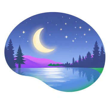 A modern pastel illustration depicting a "glowing crescent moon" suspended in a "breathtaking night sky" filled with "twinkling stars." Below, there is a "calm lake" that reflects the moonlight, creating shimmering ripples on the water's surface. Silhouetted trees line the edges of the lake, adding depth to the scene. The overall color palette features soft blues, purples, and hints of silver to emphasize the tranquility of the night.