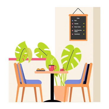 A cozy coffee shop corner featuring a small round wooden table with two cushioned chairs. A steaming cup of coffee sits on the table, accompanied by a small plate of pastries. In the background, several lush green monstera plants are strategically placed, their large leaves adding a tropical touch to the space. The walls are painted a warm beige, and soft lighting creates an inviting atmosphere. A chalkboard menu hangs on the wall, displaying various coffee options.