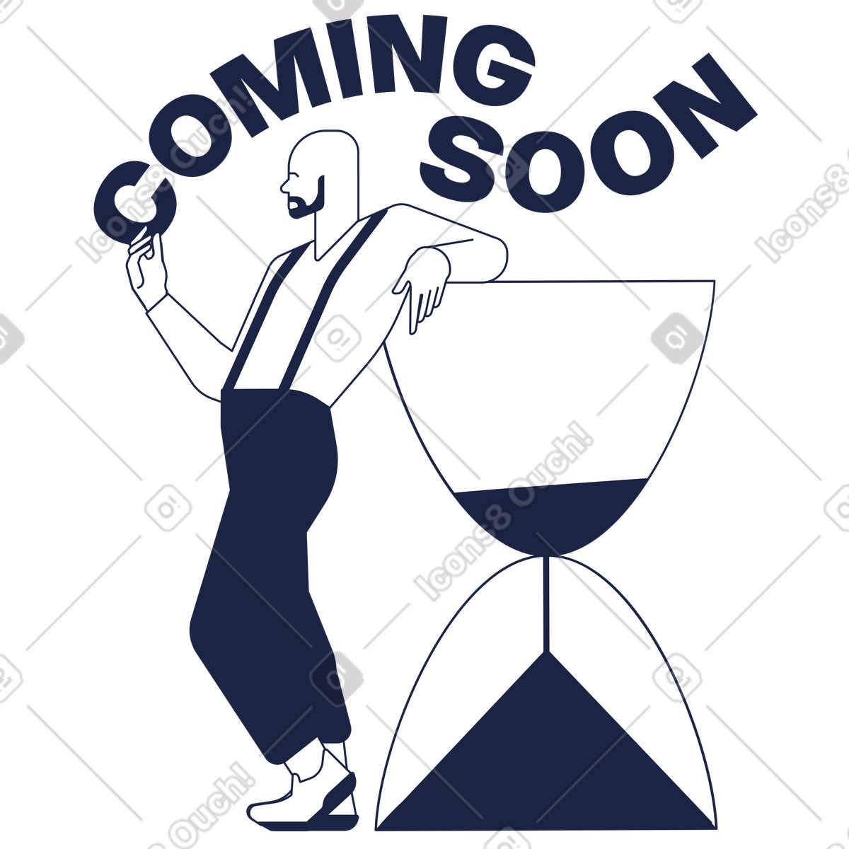 Ilustración Coming soon lettering next to hourglass, anticipation for upcoming release en estilo Urban Line a descargar en PNG y SVG