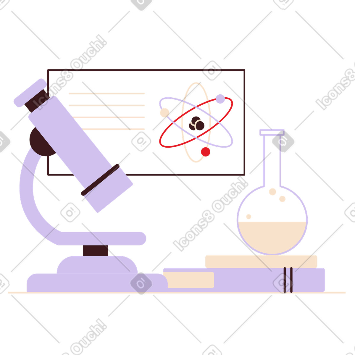 Laboratory setup with microscope and glassware, Chemistry classroom illustration in Folks style download in PNG, SVG