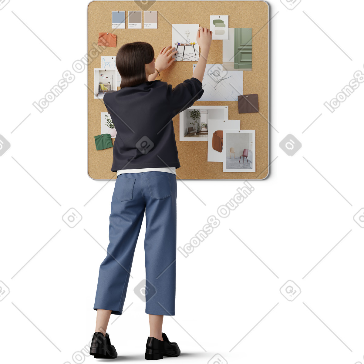 Illustration Jeune femme épinglant une photo sur un moodboard dans le style 3D Hygge à télécharger aux formats PNG, SVG
