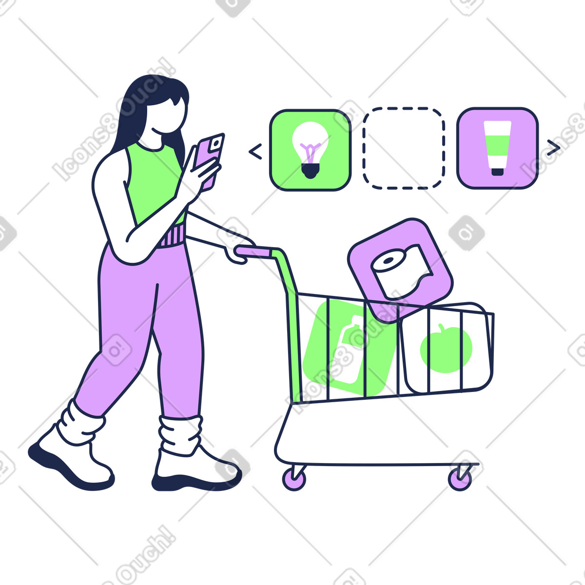 Selecting products on screen while shopping, Mobile commerce or e-grocery app illustration in Outline style download in PNG, SVG