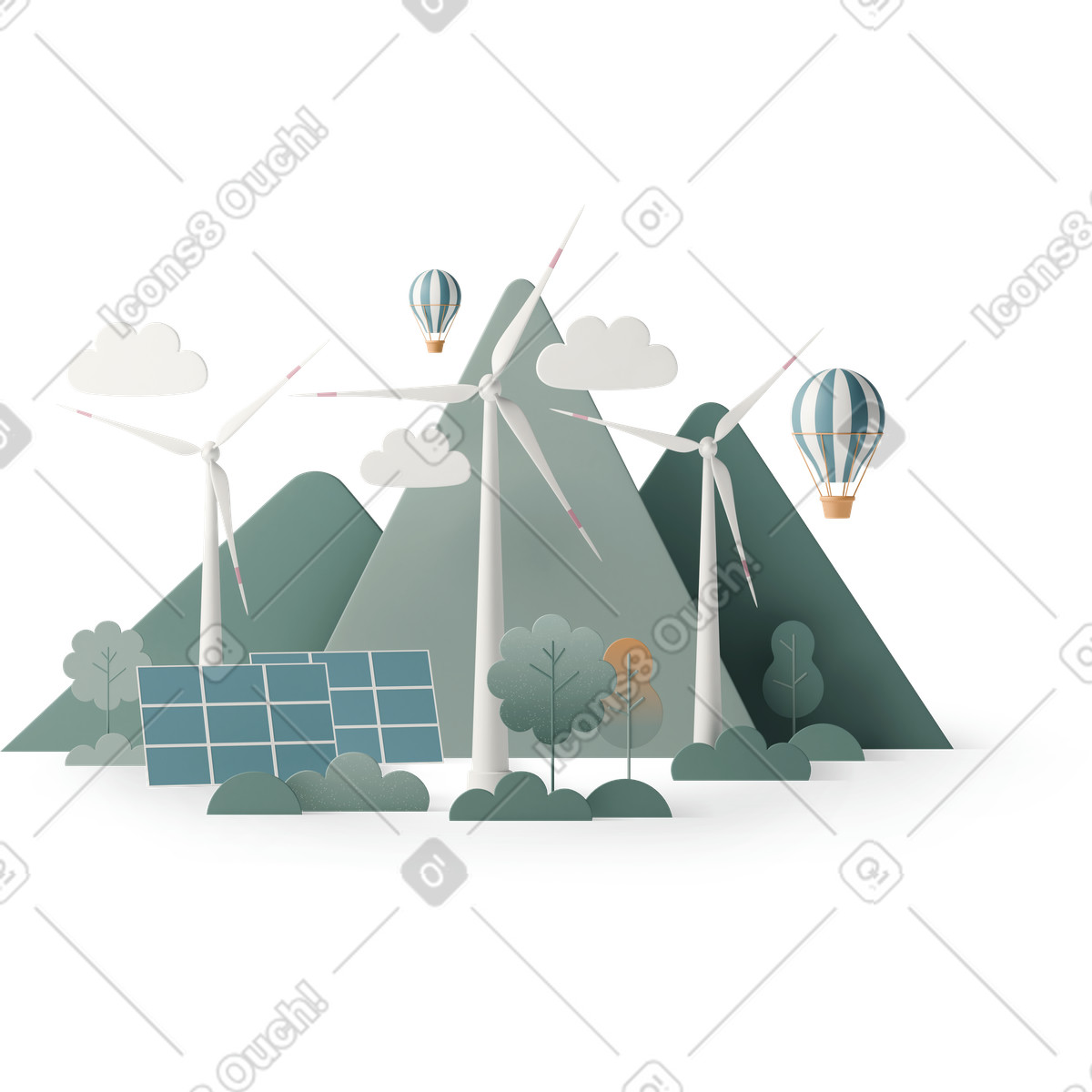 Solar panels and wind turbines green energy illustration in 3D Casual life style download in PNG, SVG
