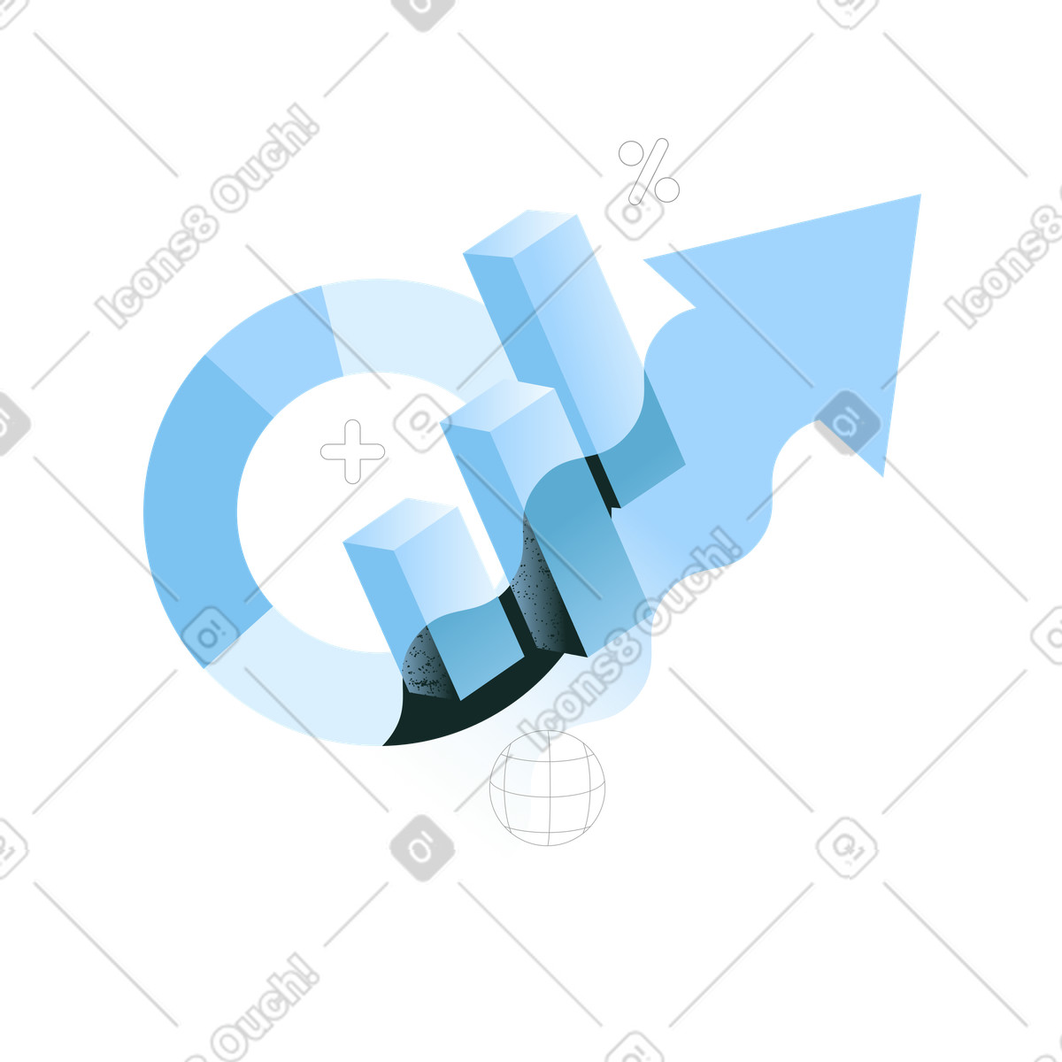Donut chart, bar graph and growth arrow, Financial analytics illustration in PNG, SVG