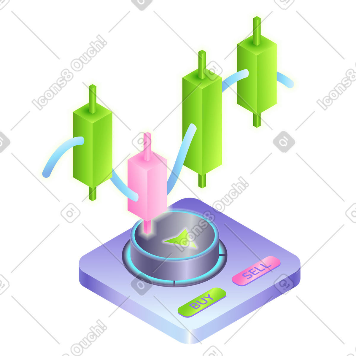 Isometric candlestick chart with buy and sell buttons, Online trading platform illustrazione in stile Isotech scarica in PNG, SVG