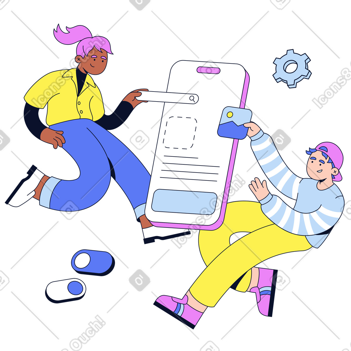 Team designing phone app layout, Creative digital product workflow-Illustration im Flexy-Stil als Download in PNG, SVG