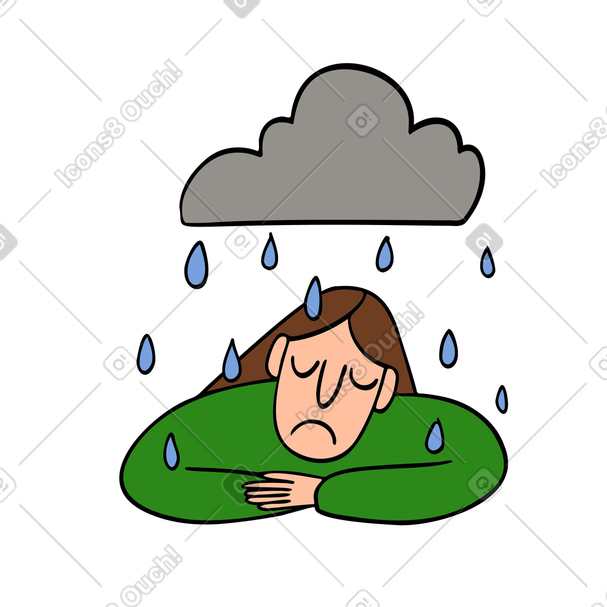 Traurige frau mit regenwolke-Illustration im Comic-Stil als Download in PNG, SVG