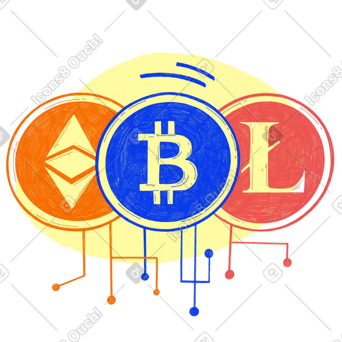 Ilustración Different cryptocurrency coins and neural networks en estilo Biro a descargar en PNG y SVG