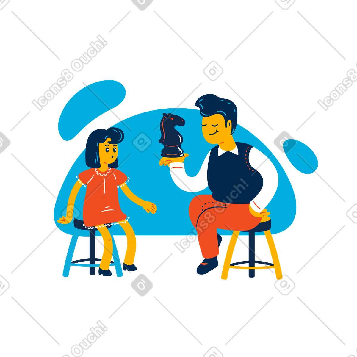 Man teaching chess to a girl illustration in Flame style download in PNG, SVG
