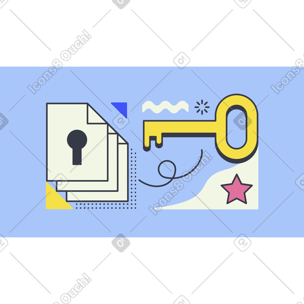 Files with keyhole and large key, information security data access-Illustration im Abstract-Stil als Download in PNG, SVG