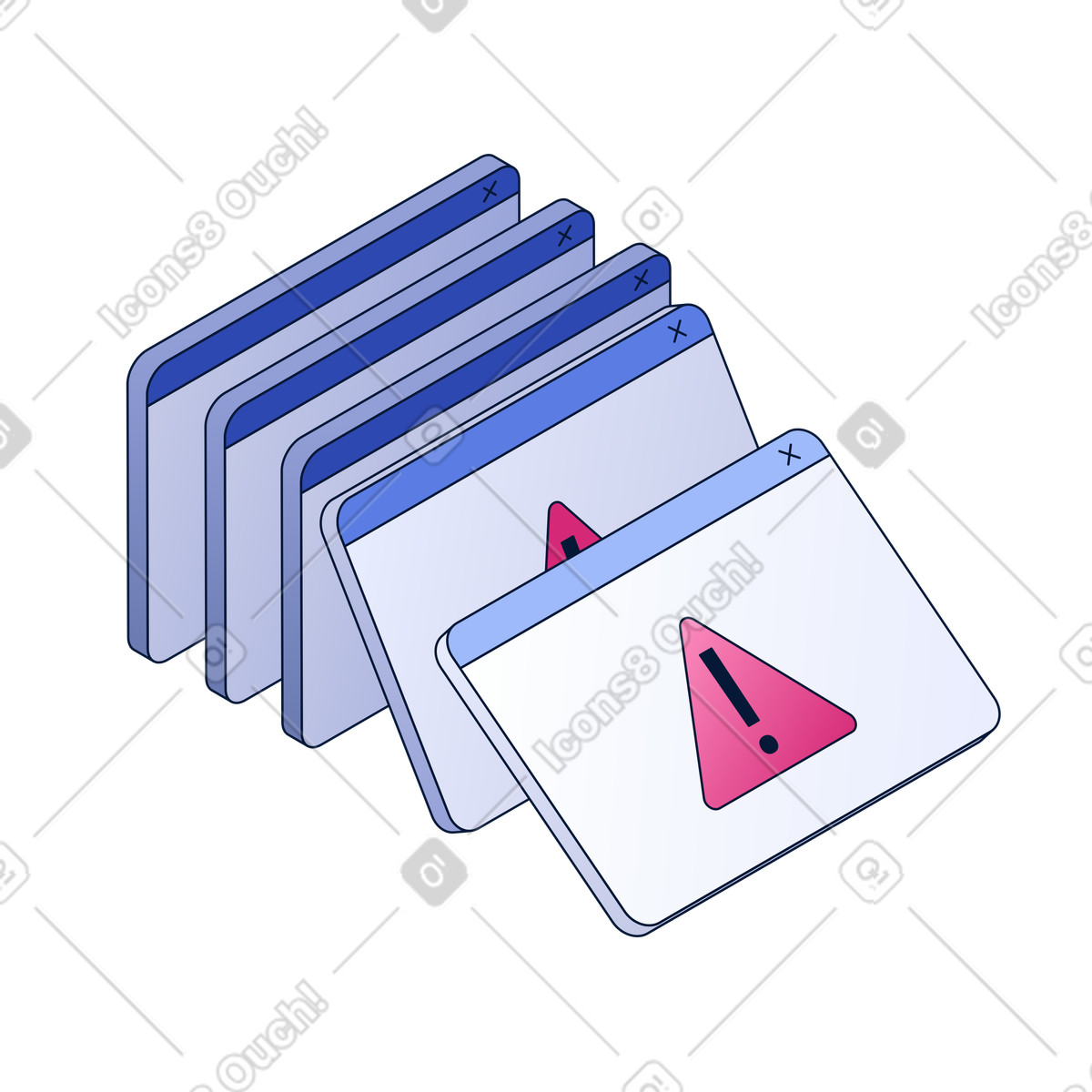 Stack of error popups with exclamation mark, System error alerts, Software troubleshooting illustration in PNG, SVG
