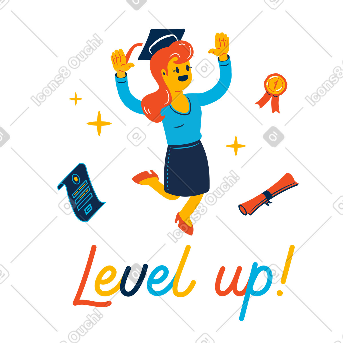 Ilustração de Nivele as letras sob a garota alegre em um chapéu acadêmico no estilo Flame para baixar PNG, SVG