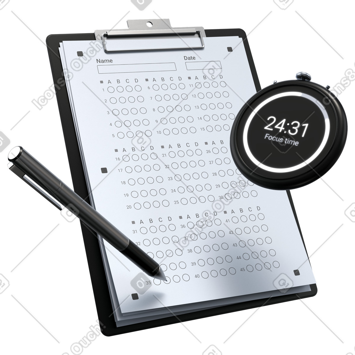 Answer sheet on clipboard with timer and pen, time management in assessments illustration 3D Pro style download PNG, SVG