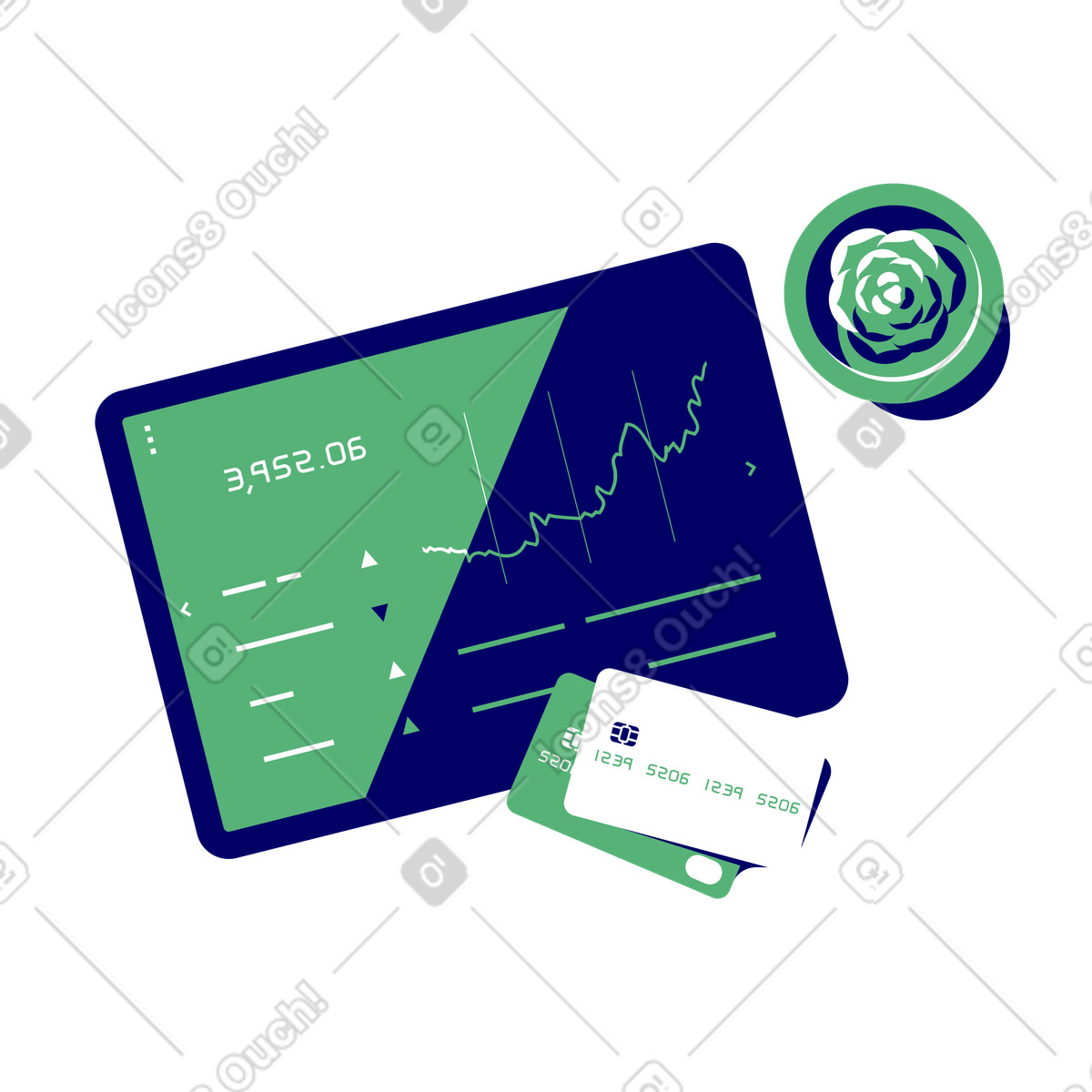 Ilustración Tablet con estadísticas financieras, planta de oficina y tarjetas bancarias en estilo Lounge a descargar en PNG SVG