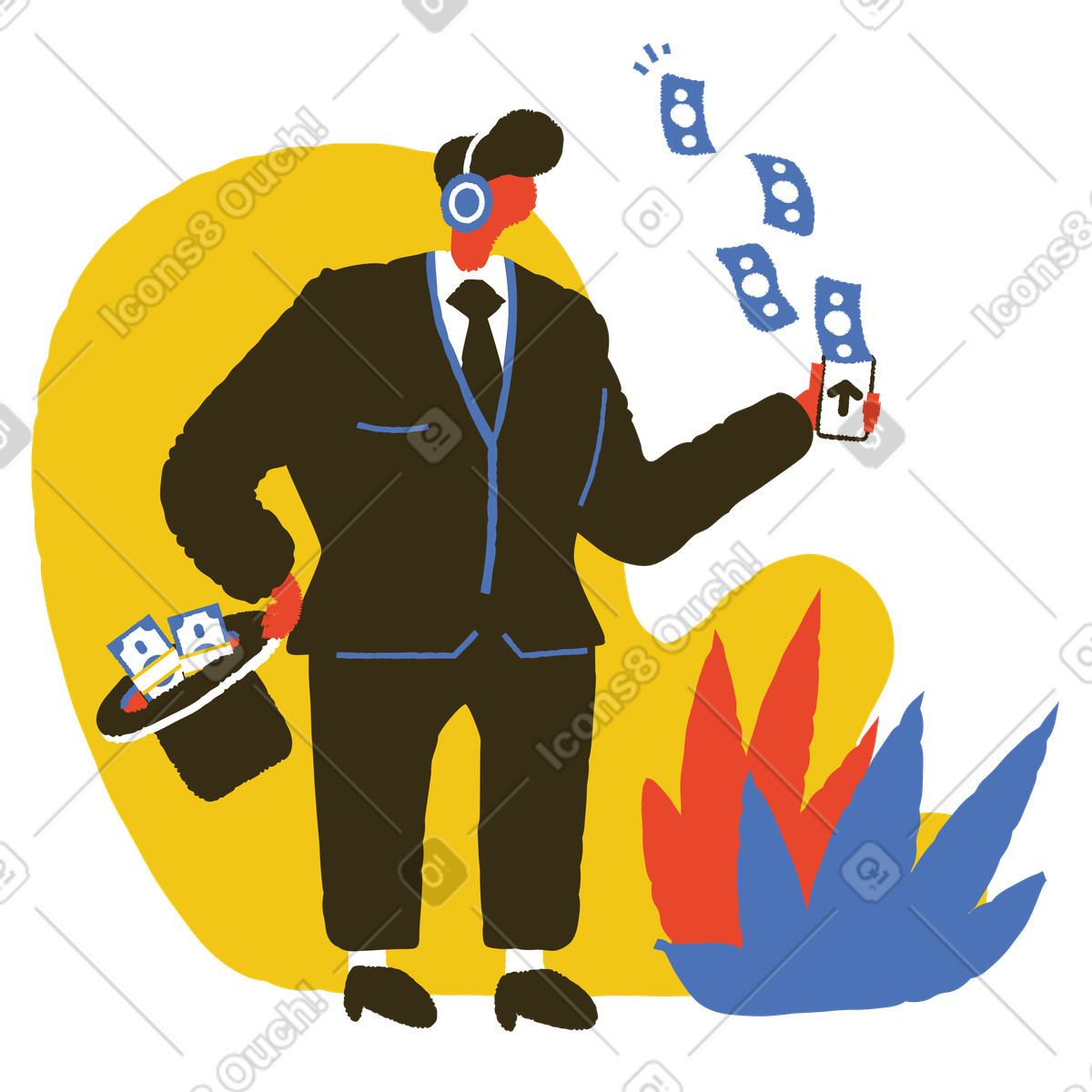 Illustration Un homme d'affaires fortuné écoute podcast dans le style Bermuda à télécharger aux formats PNG, SVG