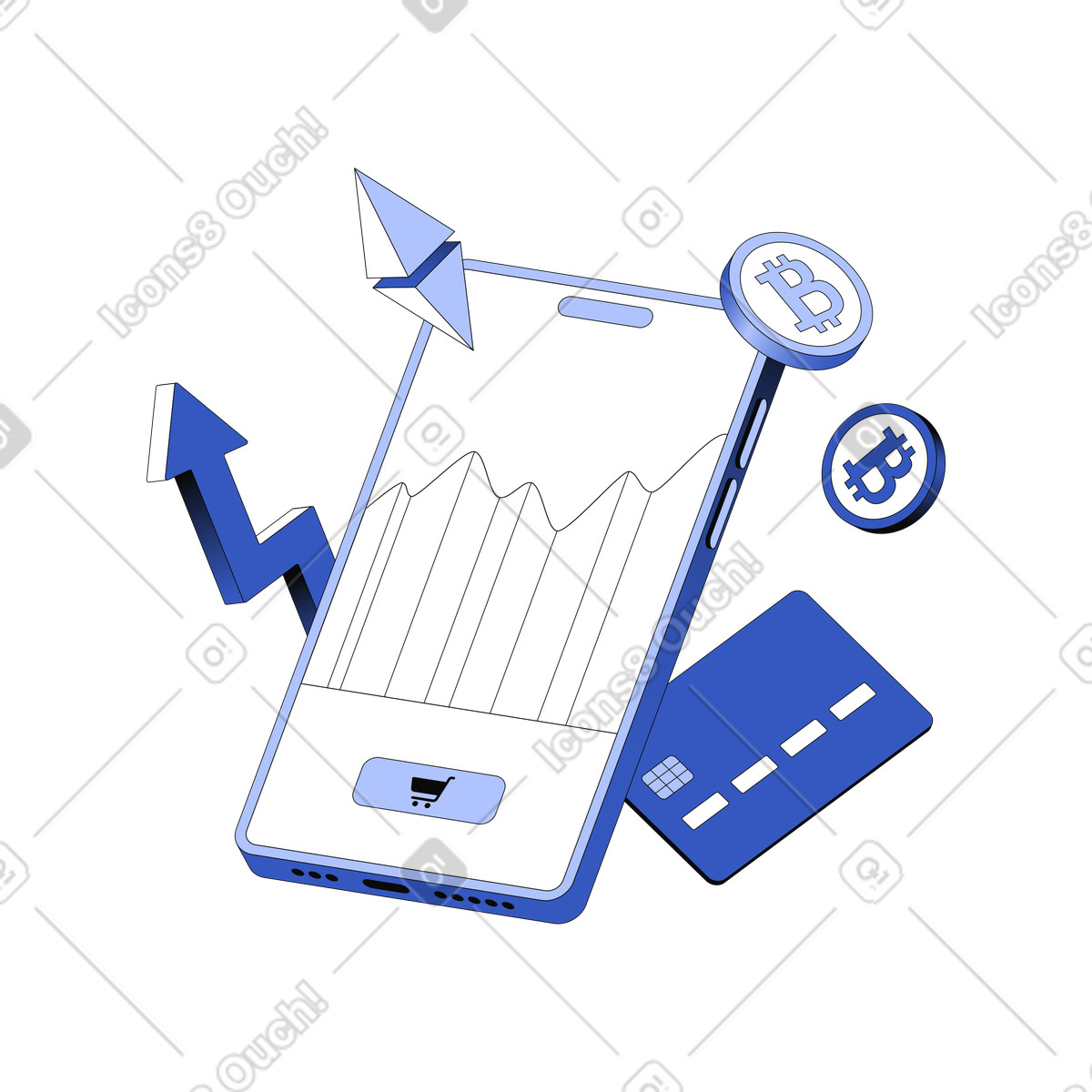 Techny スタイルの スマートフォンでオンラインで暗号通貨を購入する のイラストをPNG、SVG形式でダウンロード