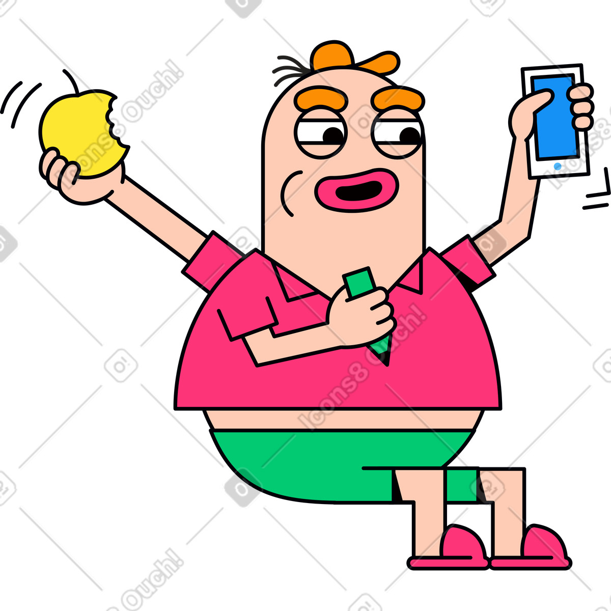 Charakter mit telefon, bleistift und apfel in den händen-Illustration im Droll-Stil als Download PNG, SVG
