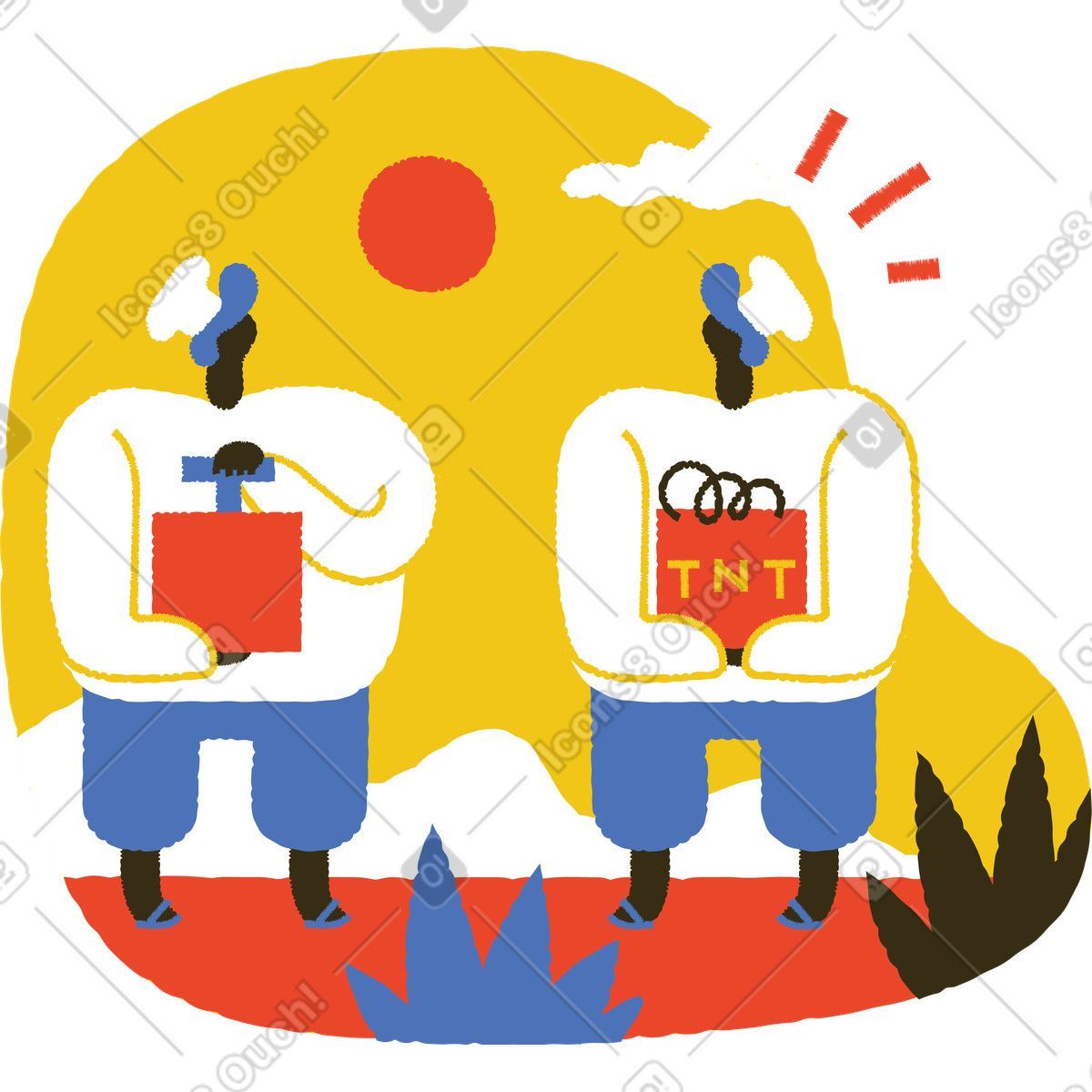 Uomini in piedi all'aperto con tritolo e un detonatore illustrazione stile Bermuda scarica PNG, SVG