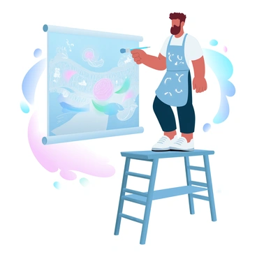 An artist is standing on a set of scaffolding, carefully applying vibrant colors to a large fresco on a high wall. The artist is wearing a paint-splattered apron and has a brush in hand, focused on details of the mural. The fresco depicts a lively scene filled with intricate patterns and figures, showcasing dynamic movement. The background behind the scaffolding is filled with a gradient of pastel colors that enhance the overall visual impact of the artwork.