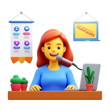 A young woman sitting at a desk in her home, surrounded by a laptop and colorful decorations. She is speaking into a microphone with a bright smile, engaging with her online viewers. On the desk, there are various donation icons displayed on the laptop screen, along with a cheerful banner that reads "Live Fundraiser". Soft lighting creates a warm atmosphere, and a few potted plants add a touch of greenery to the scene.