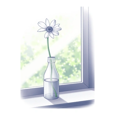 A single fresh flower stands upright in a clear glass vase. The vase is cylindrical with a smooth surface that reflects light softly. The flower has a long green stem and delicate petals that open outward, showcasing its natural form. The vase is positioned on a wooden windowsill, where sunlight filters through the glass, creating shadows and highlights around the flower and vase. The background consists of a soft, blurred view of the outside, hinting at a garden or green space. The scene conveys a sense of beauty and simplicity.