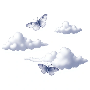A dreamscape featuring large "luna moths" gently floating through the air. The moths have delicate wings that appear ethereal and light. The background consists of "clouds" that have a soft, fluffy texture, filling the sky with a whimsical atmosphere. The scene has an otherworldly quality, with the moths gliding gracefully among the clouds.